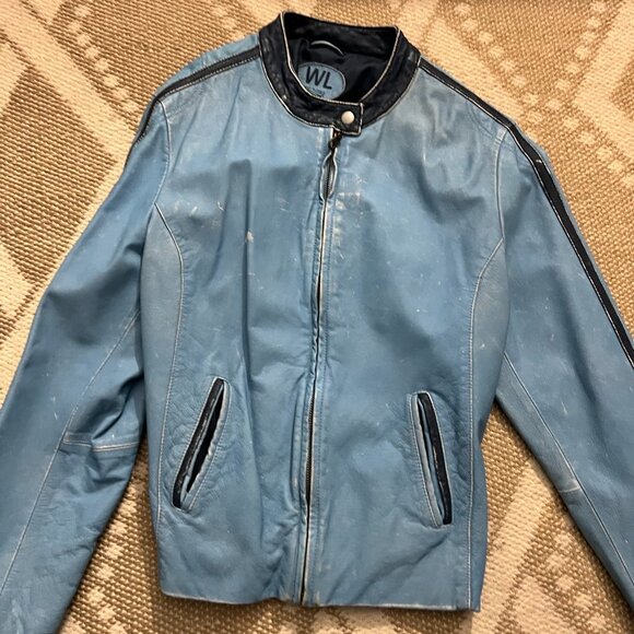 Wilson's Leather : Powder Blue Moto Jacket w/ Navy Trim - Picture 6 of 6